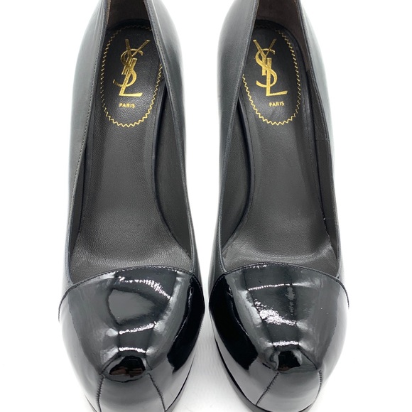 YSL Tribtoo 105 Gray Leathers Black Patent Platform Pumps Heels 40 10 - Picture 3 of 11
